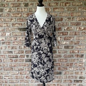Loft Black Floral 3/4 Sleeve Wrap Dress Sz 4